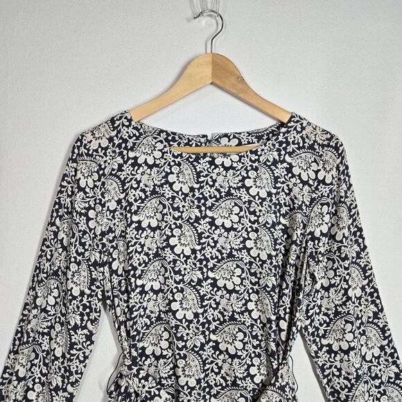 Loft Belted Top Sz S Blue White Floral Print Back Keyhole Long Sleeve Button - Picture 2 of 13